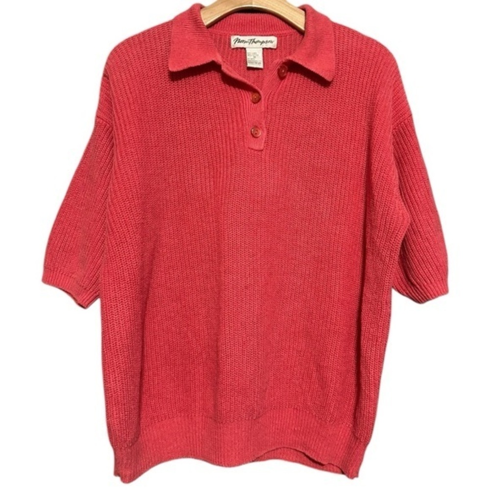 Norm Thompson Vintage M Coral Red Linen Cotton Knit Short Sleeve Polo Sweater